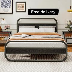 King Size Bed Frame Metal Platform Bed Frame with Wood Headboard