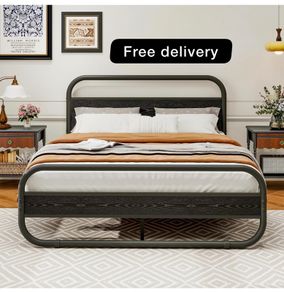 King Size Bed Frame Metal Platform Bed Frame with Wood Headboard