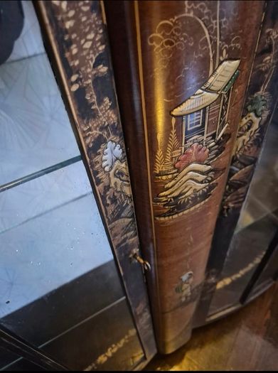 Vintage  Turnige Chinoiserie locking ebonised handpainted cabinet 3 tiers