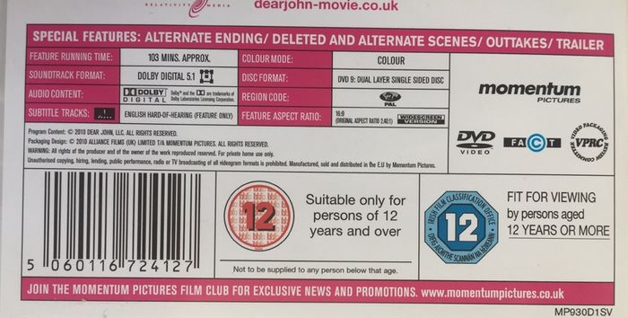 Dear John [2010] Channing Tatum & Amanda Seyfried [Movie DVD]