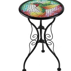 Mosaic Side Table Hummingbird Small Patio Round Printed Glass Table for Garden, Yard or Lawn