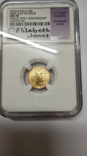2016 5 Dollar Gold Eagle MS70 NGC 30th Anniversary First Day of Issue Signed By Elizabeth Jones Premium Slab