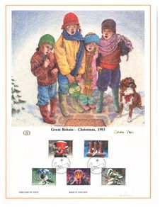 1983 Great Britain Limited Edition Lithographed Print measuring 333mm X 257mm showing Christmas Commemorative stamps with First Day of Issue Cancel
