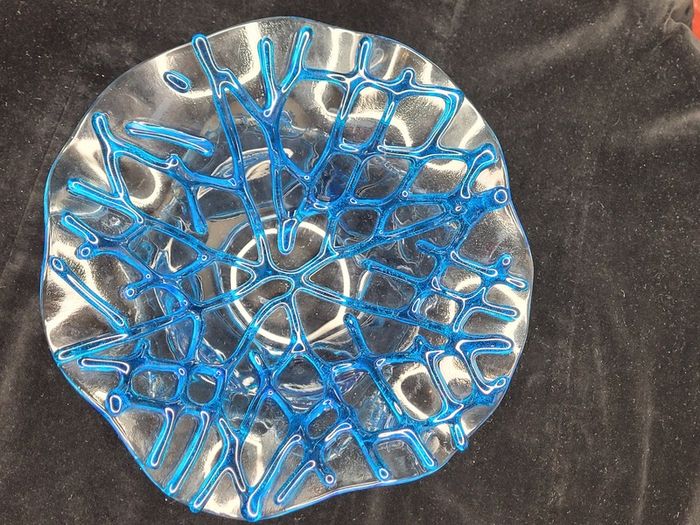 Studio Art Glass Coral Network Bowl Signed Blue Fused Glass Centerpiece