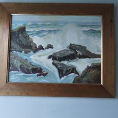 Lovely oil on board of sea weave hating rocks singed M Carey.