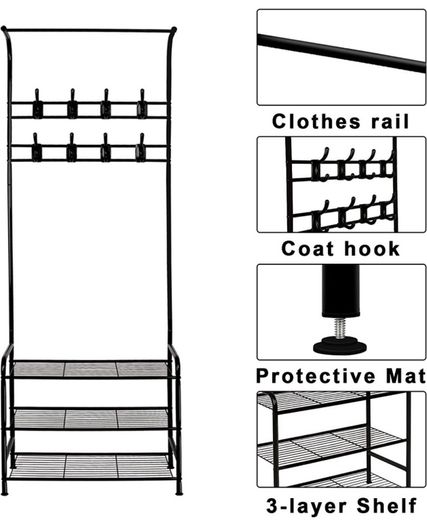 Coat Rack Stand with Shoe Rack and Removable 16 Hooks Free Standing Hall Tree Matte Steel Frame Hat Rack Coat Stand for Storage MULTIPLE COLOURS AVAILABLE (FREE POSTAGE)