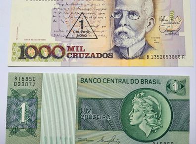 Brazil 1000 Cruzados and 1 Cruzeiro Banknotes Crisp Uncirculated