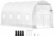 Walk-in Tunnel Greenhouse, 457.2 x 198.12 x 213.4 cm Portable Plant Hot House w/ Galvanized Steel Hoops, 1 Top Beam, 2 x Diagonal Poles, 2 Zippered Doors &amp; 8 Roll-up Windows, White