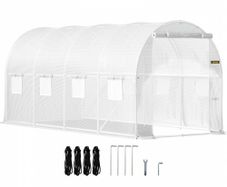 Walk-in Tunnel Greenhouse, 457.2 x 198.12 x 213.4 cm Portable Plant Hot House w/ Galvanized Steel Hoops, 1 Top Beam, 2 x Diagonal Poles, 2 Zippered Doors & 8 Roll-up Windows, White