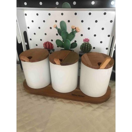 Set of 3 with Spoon Wooden Spice Set Jar 3 Pcs Set Spice Box Storage Container Table and Counter Top Usage Presentations Kitchen Gift Houseware New