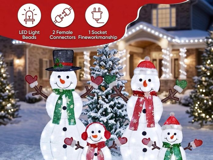 48 in 4-Piece 2D Lighted Snowman Family Outdoor Christmas Decorations, 100 LED Yard Display with Stakes and Zip Ties for Lawn, Porch, Garden and Indoor Holiday Decor