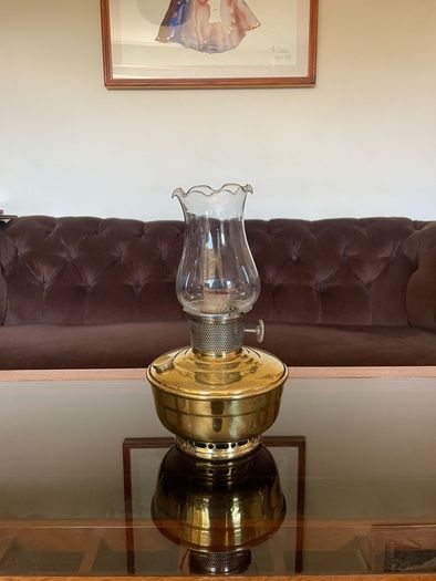 1930s40s Aladdin Model 12 Brass Table Mantle Oil Lamp with Fluted Glass Shade