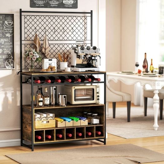 Kitchen rack with work surface, metal grid panels, 5 hooks, kitchen cabinet for spices, pots, pans, brown