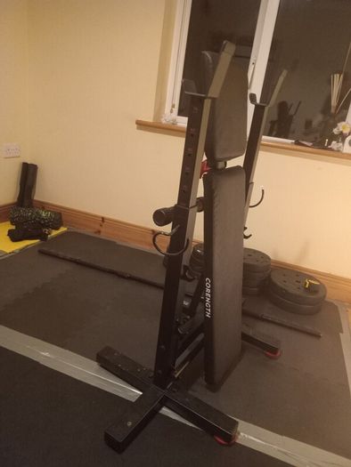 Bench, Barbell, Weights package.