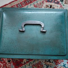 Vintage green metal cash box with key