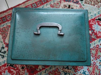 Vintage green metal cash box with key