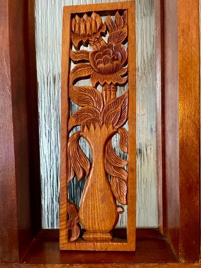 Hand Carved Long Balinese Wooden Sunflower Floral Relief Wall Art Decor Panel