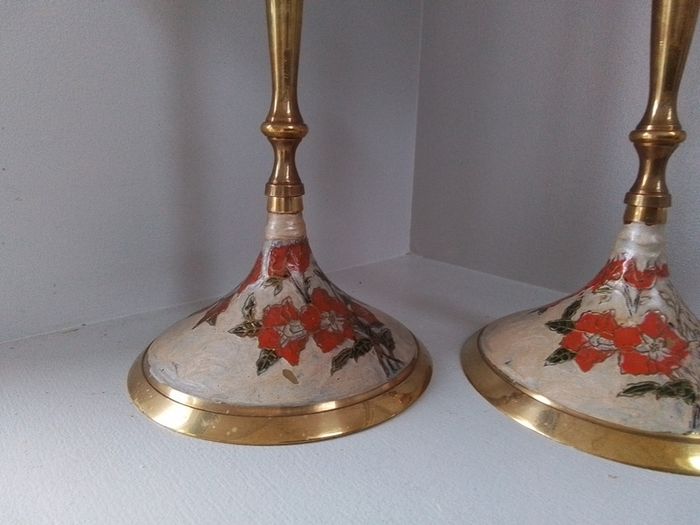 Two Brass & Enamel Candlesticks
