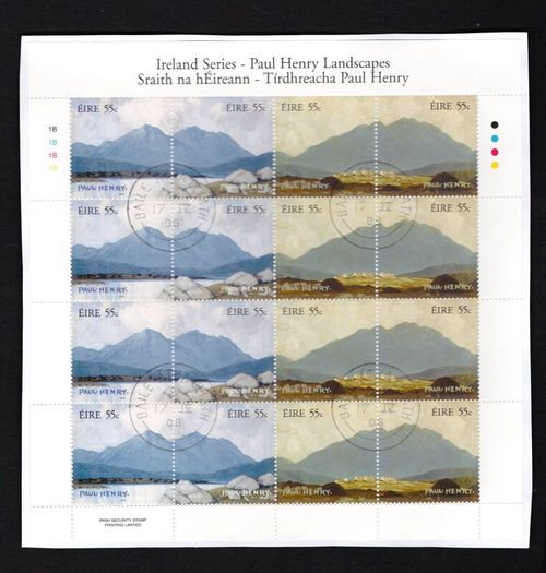 2008 Ireland Ireland Series Paul Henry Landscapes Stamp Sheetlet Plate 1B1B1B1B Fine CDS Used with Dublin cancel of 28th March 2008 (First day of issue)