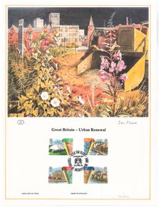 1984 Great Britain Limited Edition Lithographed Print measuring 333mm X 257mm showing urban Renewal Commemorative stamps with First Day of Issue Cancel