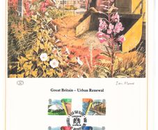 1984 Great Britain Limited Edition Lithographed Print measuring 333mm X 257mm showing urban Renewal Commemorative stamps with First Day of Issue Cancel