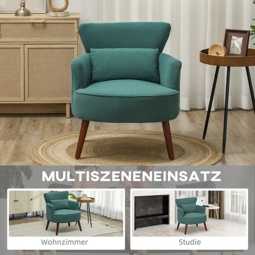 Modern armchair, Padded accent chair with lumbar cushion, Rubberwood legs, Dark green