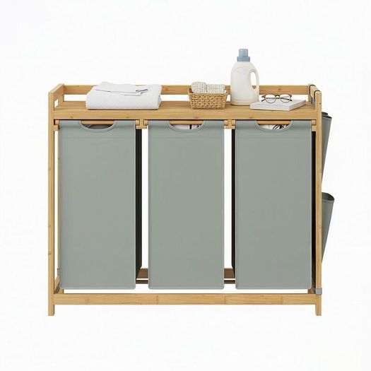 Bamboo Laundry Sorter with 3 Removable Bags and Storage Shelf 150L