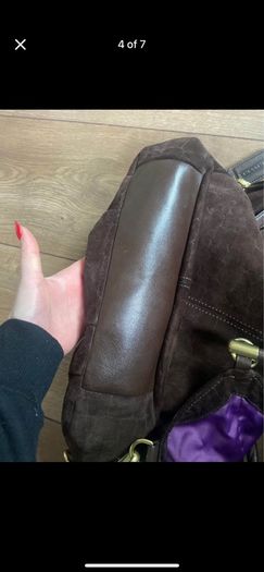 Chocolate brown suede coach bag. Rare item.