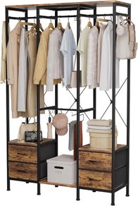 Clothes Rail Heavy Duty Clothes Rack - Stand Portable Closet Rack with Hooks, Wood Top, Steel Frame, Fabric Drawers & Open Shelves for Hanging Clothes, Rustic Brown