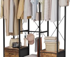 Clothes Rail Heavy Duty Clothes Rack - Stand Portable Closet Rack with Hooks, Wood Top, Steel Frame, Fabric Drawers & Open Shelves for Hanging Clothes, Rustic Brown