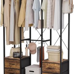 Clothes Rail Heavy Duty Clothes Rack - Stand Portable Closet Rack with Hooks, Wood Top, Steel Frame, Fabric Drawers & Open Shelves for Hanging Clothes, Rustic Brown