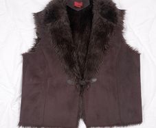 Valerie Stevens Chocolate Brown Faux Suede Fur Lined Toggle Waistcoat Gilet Size L/XL