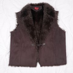 Valerie Stevens Chocolate Brown Faux Suede Fur Lined Toggle Waistcoat Gilet Size L/XL