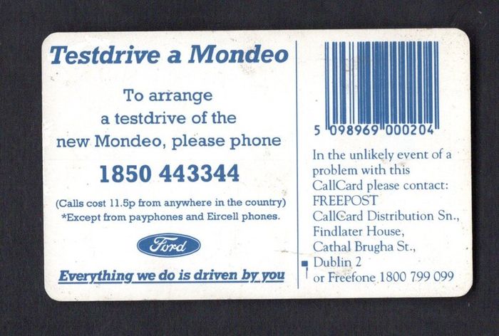 1994 Ireland 20 unit Ford Mondeo being voted "Car of the Year 1994" (Schlumberger SC7) Call Card Used. Telecom Eireann card number 1073