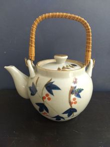Vintage Very Large and Heavy Japanese or Chinese Pottery Teapot with Wrapped Bamboo Handle, Damage to Spout but Pours Fine!