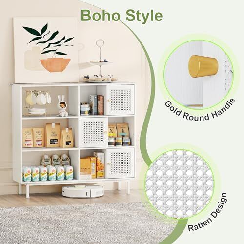 Rattan Bookcase, Storage Sideboard Cabinet with Metal Legs, Wooden Bookshelf with 3 Door, 6 Open Compartments, Freestanding Display Rack for Living Room, Study,102x29x96cm(White)