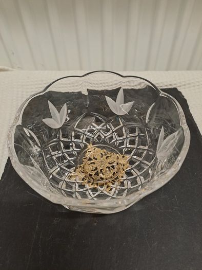 1980s Vintage Cut Crystal Bowl with Gilt Base