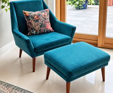 Occasional Chair & Matching Footstool Velvet Teal/Turquoise Excellent Condition