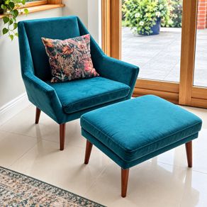 Occasional Chair & Matching Footstool Velvet Teal/Turquoise Excellent Condition