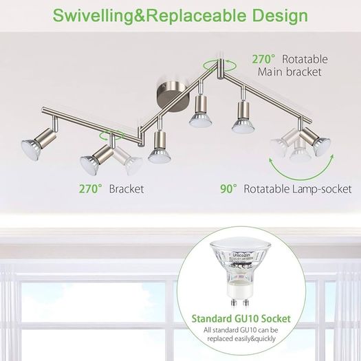 NEW SALE | LED Ceiling Light Rotatable, 6 Way LED Ceiling Spotlight, Matt Nickel & Swivelling Design, Including 6 X 4W GU10 LED Bulbs (450LM, Cool White 6000K),for Kitchen, Living Room, Bedroom