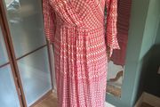 Avoca Anthology Multi Coloured Pink Faux Wrap Dress with flattering neckline- Size 2 and Free Necklace
