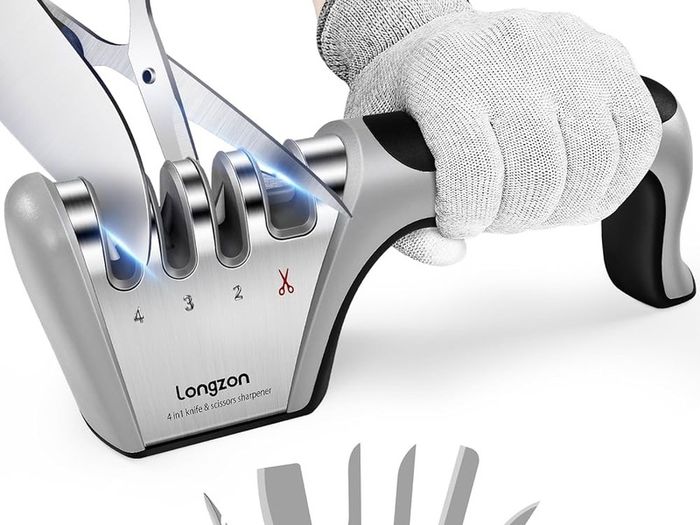 NEW SALE | Sharpener, 4 in 1 Kitchen Knife Sharpening 4 Stage Manual Knife Sharperener Tool with Cut Protection Gloves for Sharpening Kitchen Knives, Scissors