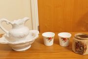 Lot of vintage ceramic items including  jug &amp;bowl for washstand &amp; Sandland Ware ceramic marmalade jar produced for Frank Cooper Ltd.