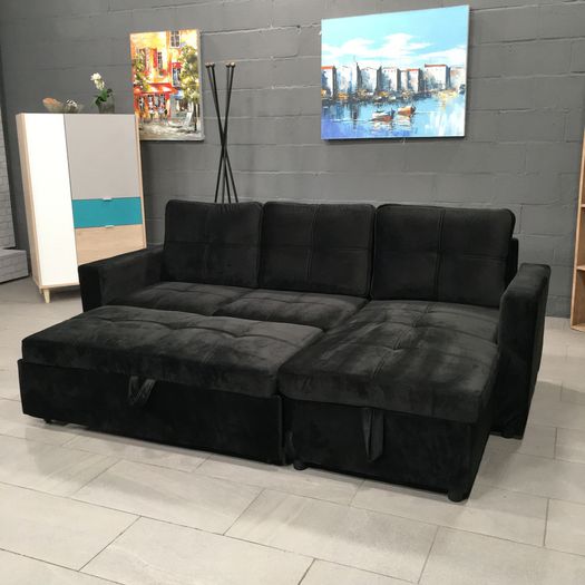 Black Corner Sofa Bed with Storage & Pull-Out Base
