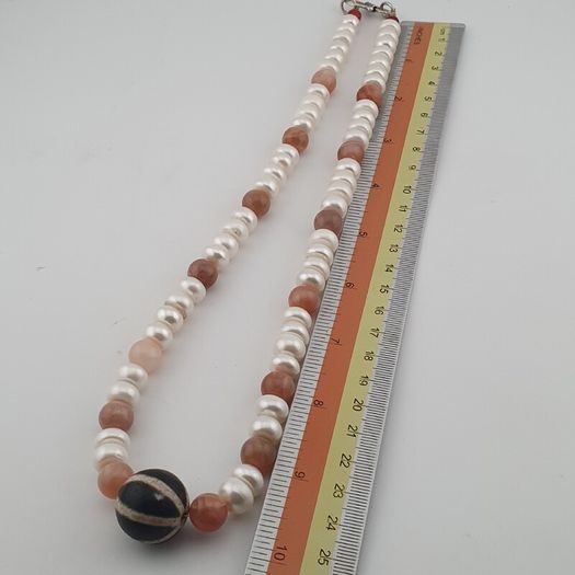 Authentic Fresh Water Pearls & Moon Stone With Melon Shape Agate Gemstone Pendant Necklace