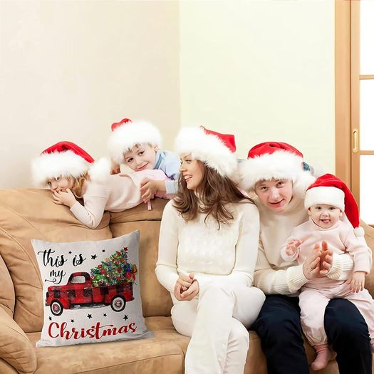 4 Pack Merry Christmas Design Cushion Covers Throw Pillow for Sofa Xmas Room Decorations 18 x 18 Cotton Linen Red Decorative Christmas Square Pillowcase Only UK Deer and Car