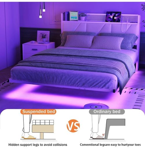 Floating Double Bed Frame with Upholstered Headboard Storage, White 135x190cm Metal Bed Frame with LED Lights & USB Charging Station, 4ft6 Platform Bed, Heavy Duty Metal Slats, Noise Free