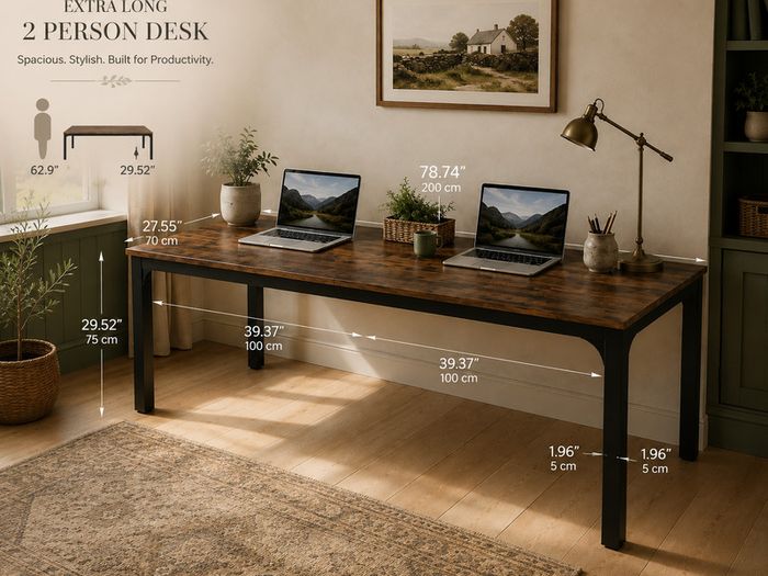 Extra Long 2 Person Computer Desk 200 cm Rustic Brown and Black