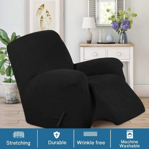 Stretch Recliner Cover Recliner Chair Covers for Living Room Recliner Chair Slipcover with Side Pocket, Thick Soft Small Checked Jacquard, Fitted Standard/Oversized Recliner, Black