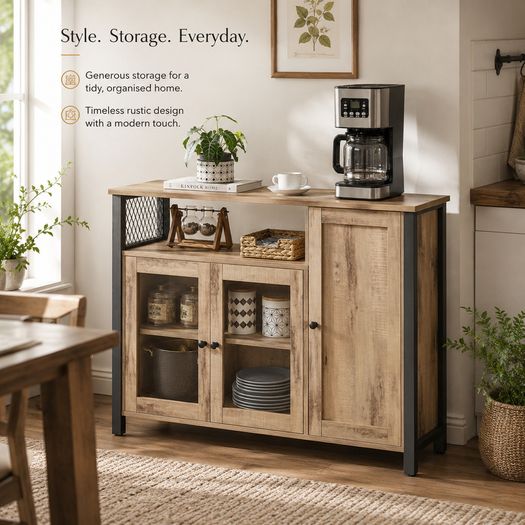 Kitchen Sideboard Storage Cabinet With Glass Doors Rustic Industrial Furniture